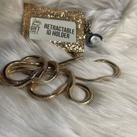 Retractable ID holder gold glitter with detachable gold tone chain . - Picture 1 of 9